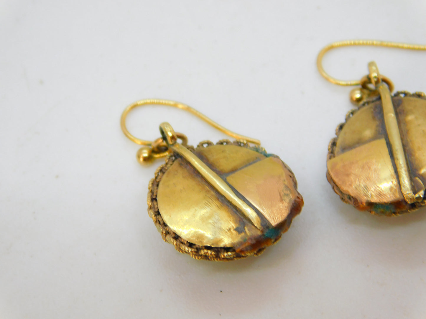 Victorian 15ct Yellow Gold & Turquoise Set Etruscan Style Hook Earrings Antique c1840