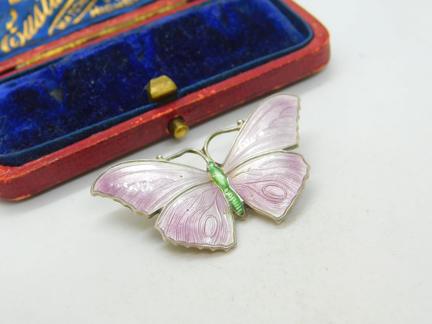 Guilloche Enamel on Sterling Silver Butterfly Brooch J Aitkin & Son Antique 1910