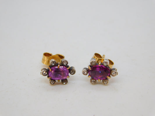 Victorian 9ct Gold, Pink Sapphire, Diamond Floral Cluster Earrings Antique c1890