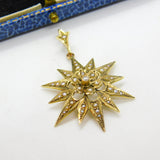 Edwardian 9ct Gold, Seed Pearl & Diamond Starburst Drop Pendant Antique c1910