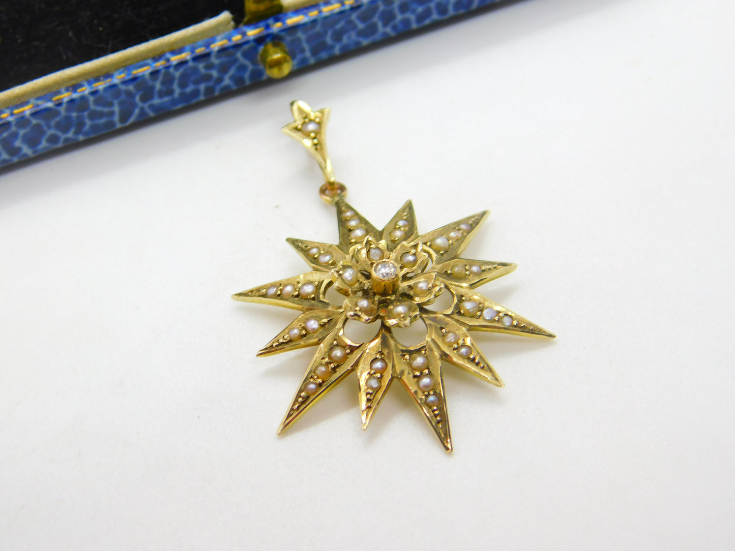 Edwardian 9ct Gold, Seed Pearl & Diamond Starburst Drop Pendant Antique c1910