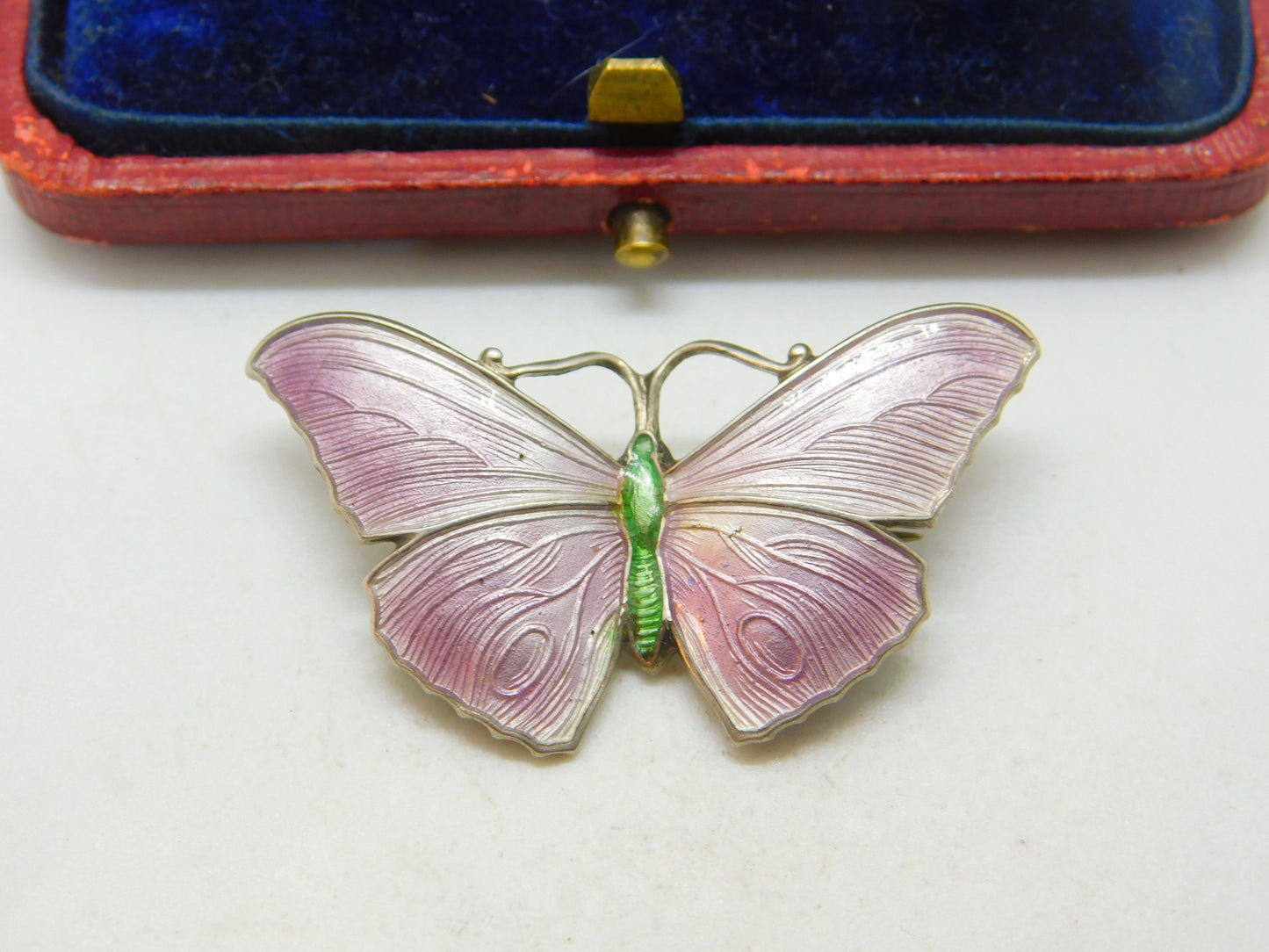 Guilloche Enamel on Sterling Silver Butterfly Brooch J Aitkin & Son Antique 1910