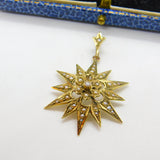 Edwardian 9ct Gold, Seed Pearl & Diamond Starburst Drop Pendant Antique c1910
