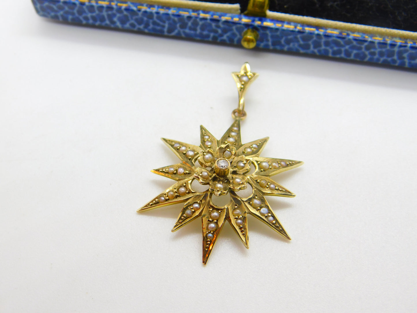 Edwardian 9ct Gold, Seed Pearl & Diamond Starburst Drop Pendant Antique c1910