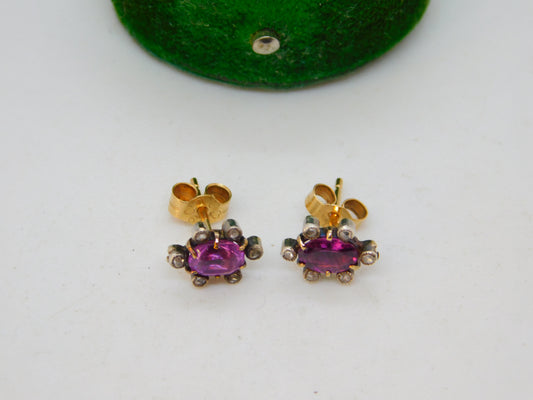 Victorian 9ct Gold, Pink Sapphire, Diamond Floral Cluster Earrings Antique c1890