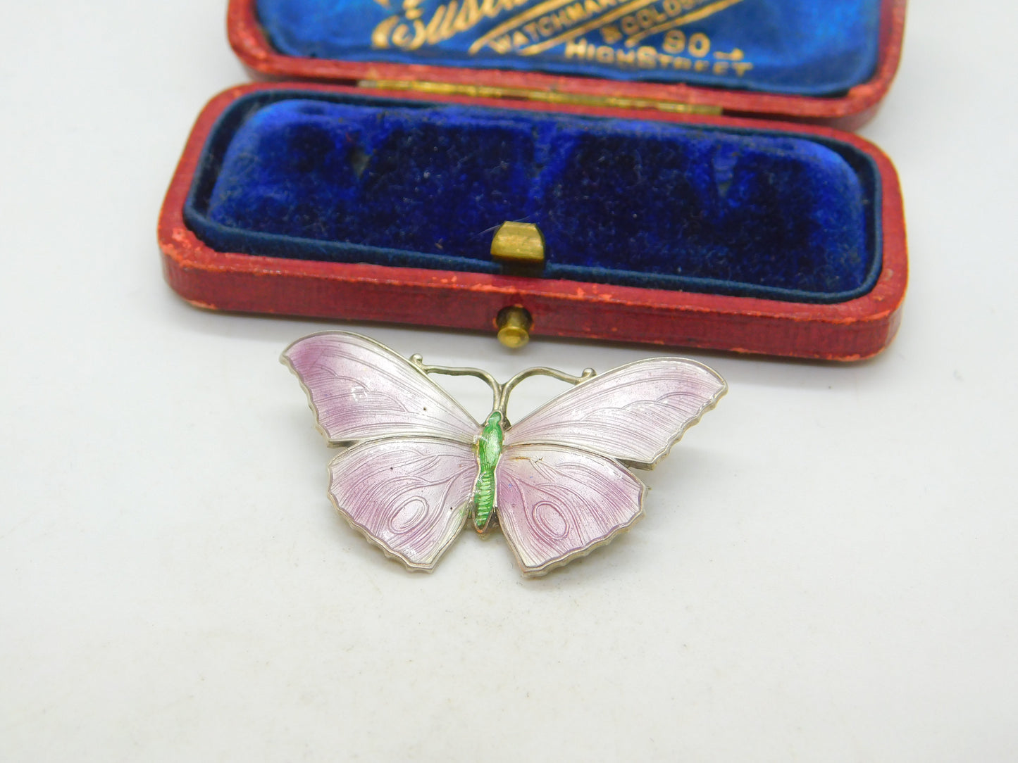 Guilloche Enamel on Sterling Silver Butterfly Brooch J Aitkin & Son Antique 1910