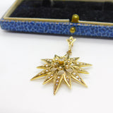 Edwardian 9ct Gold, Seed Pearl & Diamond Starburst Drop Pendant Antique c1910
