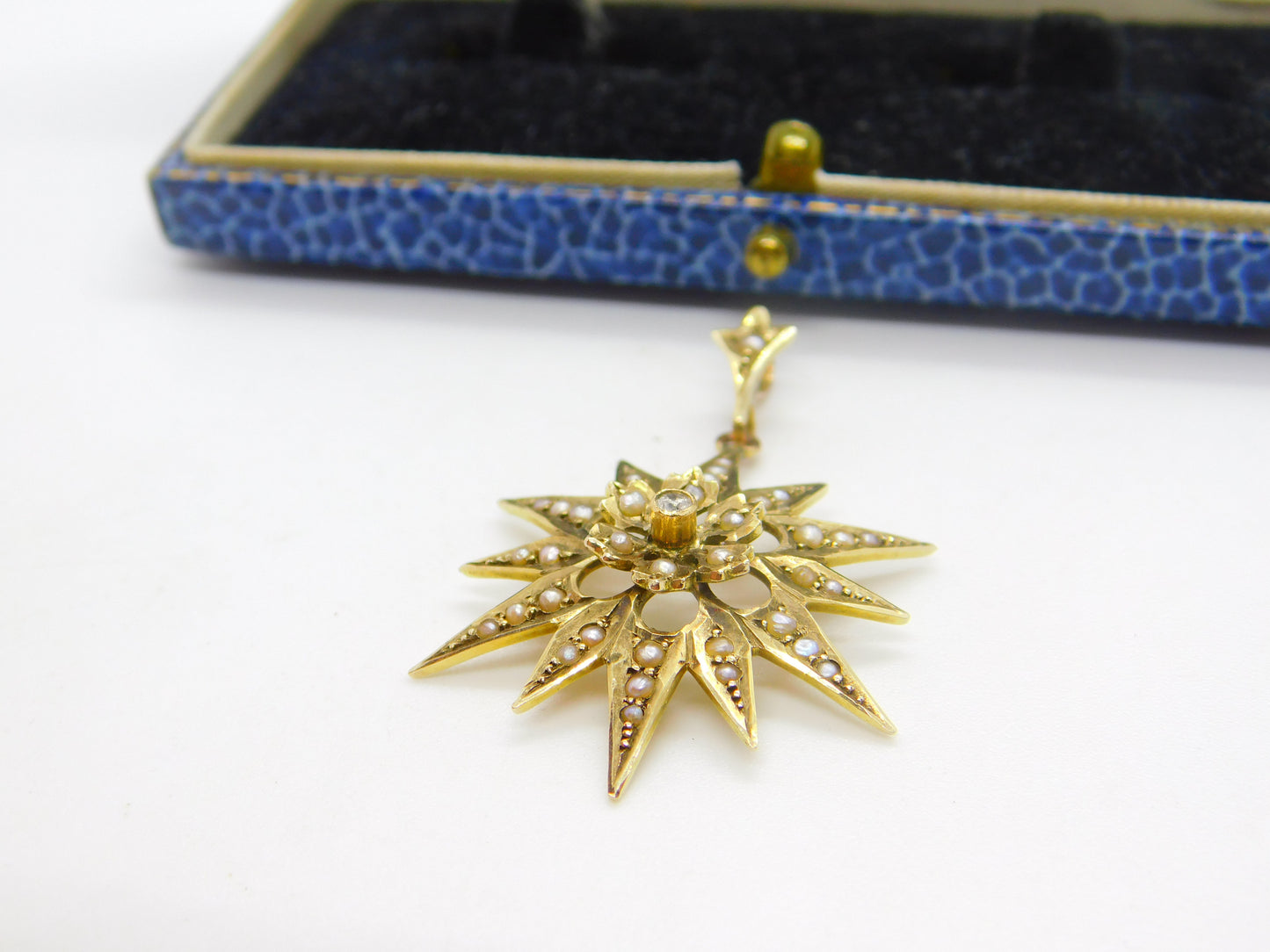 Edwardian 9ct Gold, Seed Pearl & Diamond Starburst Drop Pendant Antique c1910