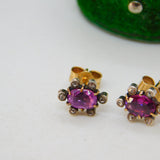 Victorian 9ct Gold, Pink Sapphire, Diamond Floral Cluster Earrings Antique c1890