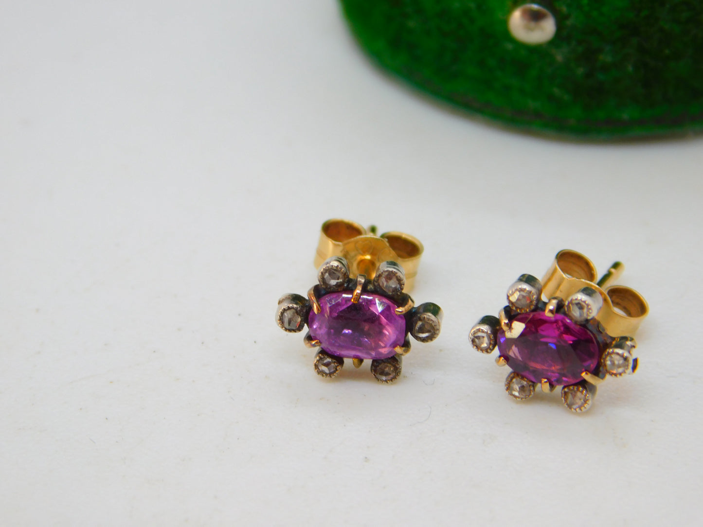 Victorian 9ct Gold, Pink Sapphire, Diamond Floral Cluster Earrings Antique c1890