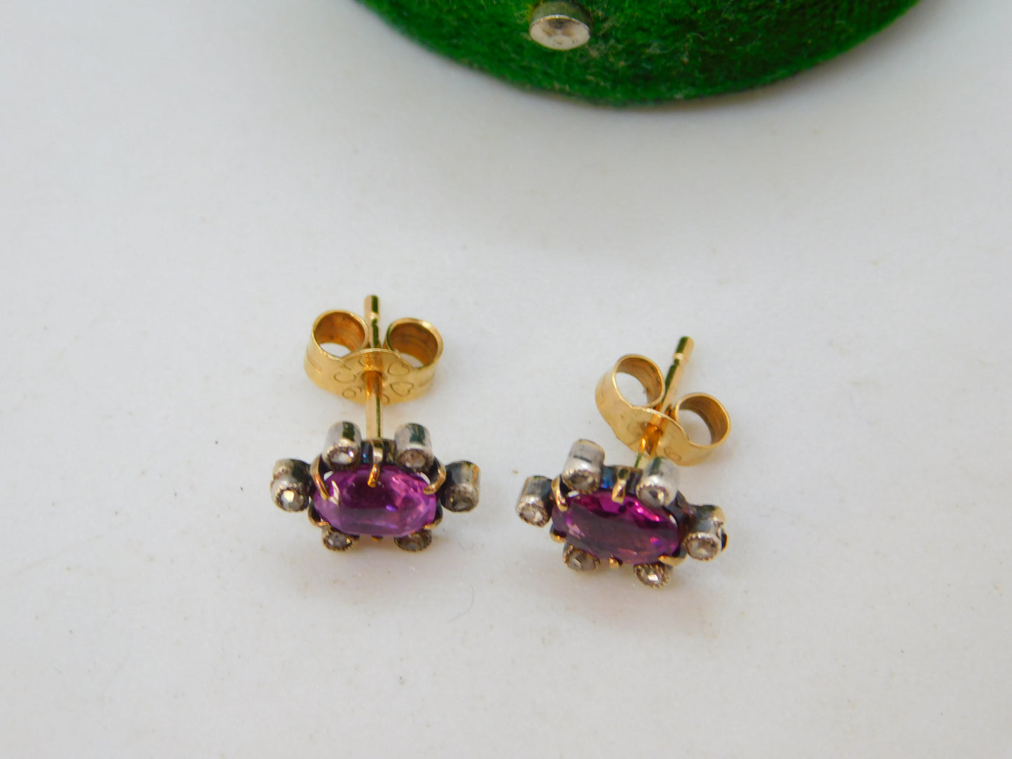 Victorian 9ct Gold, Pink Sapphire, Diamond Floral Cluster Earrings Antique c1890