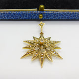 Edwardian 9ct Gold, Seed Pearl & Diamond Starburst Drop Pendant Antique c1910