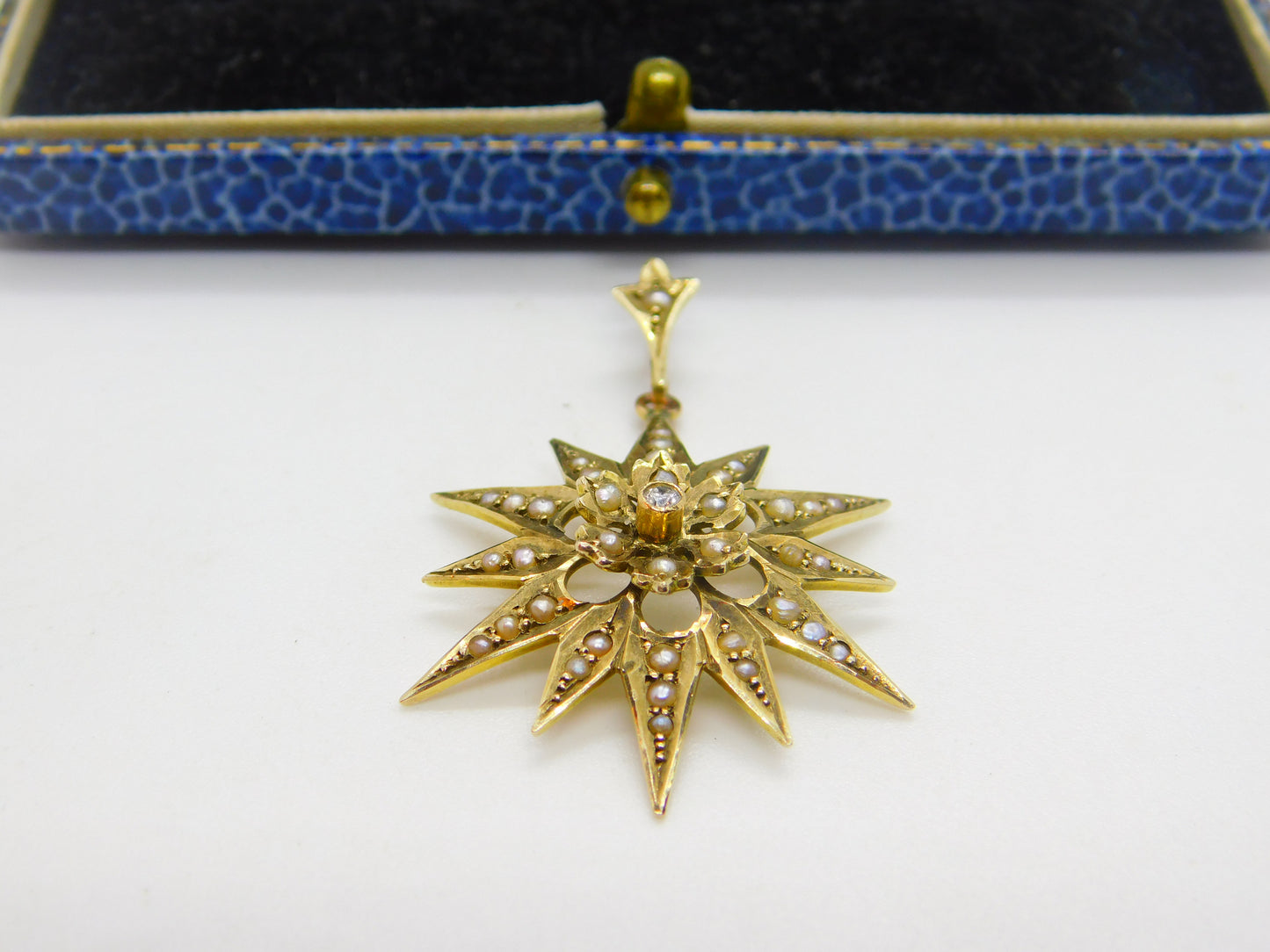 Edwardian 9ct Gold, Seed Pearl & Diamond Starburst Drop Pendant Antique c1910