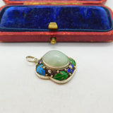 Chinese Export Mutton Fat Jade Enamel and Sterling Silver Pendant Vintage c1950