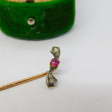 Edwardian 9ct Gold, Ruby & Diamond Set Bow Lucky Stick Pin Antique c1910