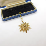 Edwardian 9ct Gold, Seed Pearl & Diamond Starburst Drop Pendant Antique c1910