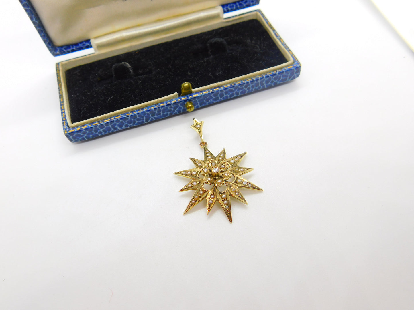 Edwardian 9ct Gold, Seed Pearl & Diamond Starburst Drop Pendant Antique c1910