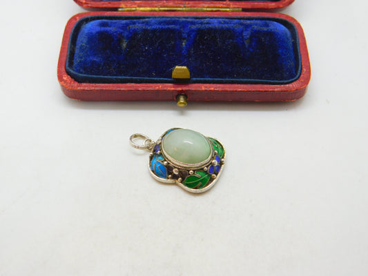 Chinese Export Mutton Fat Jade Enamel and Sterling Silver Pendant Vintage c1950