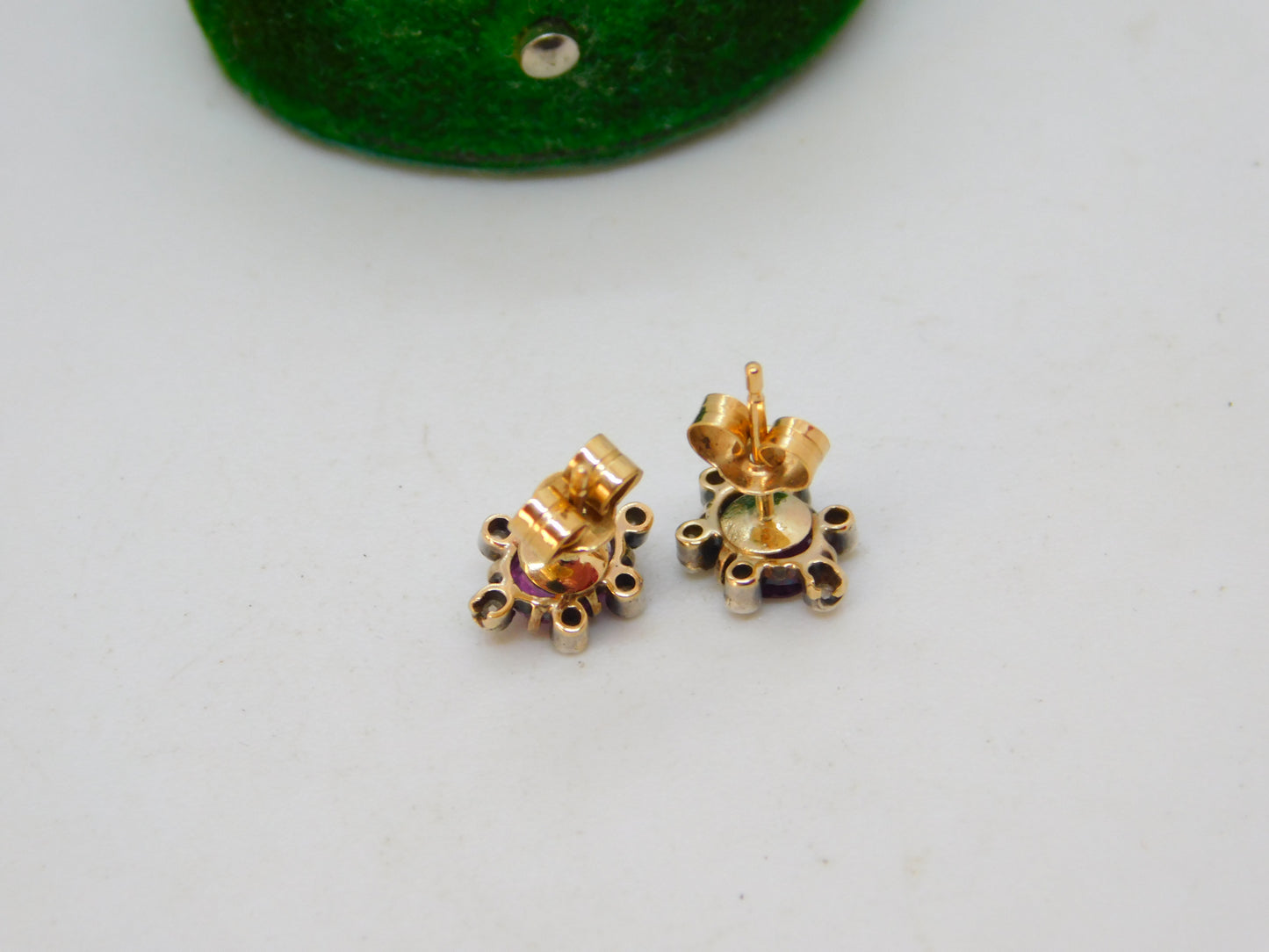 Victorian 9ct Gold, Pink Sapphire, Diamond Floral Cluster Earrings Antique c1890