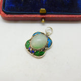 Chinese Export Mutton Fat Jade Enamel and Sterling Silver Pendant Vintage c1950