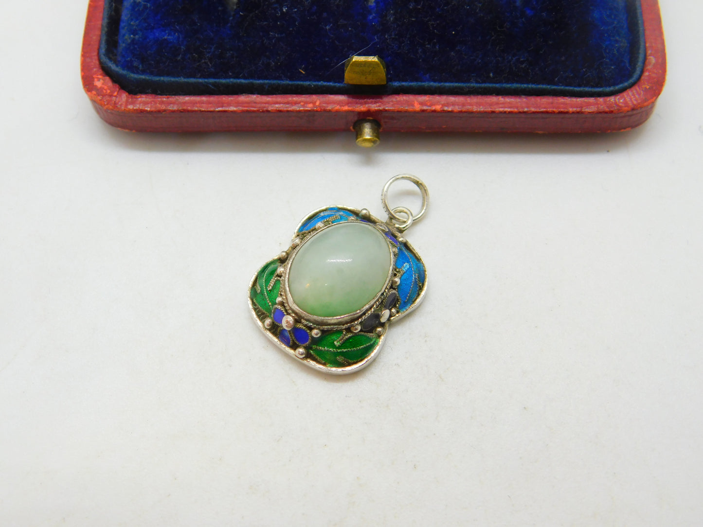 Chinese Export Mutton Fat Jade Enamel and Sterling Silver Pendant Vintage c1950