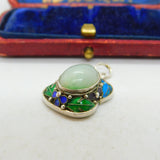 Chinese Export Mutton Fat Jade Enamel and Sterling Silver Pendant Vintage c1950