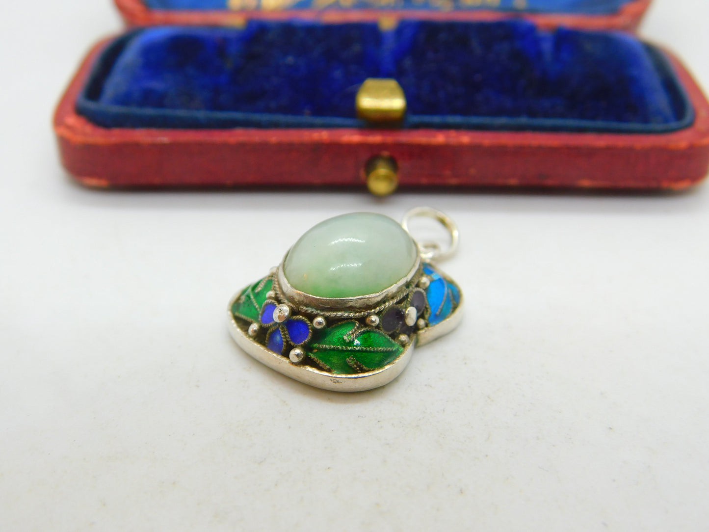 Chinese Export Mutton Fat Jade Enamel and Sterling Silver Pendant Vintage c1950