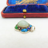 Chinese Export Mutton Fat Jade Enamel and Sterling Silver Pendant Vintage c1950