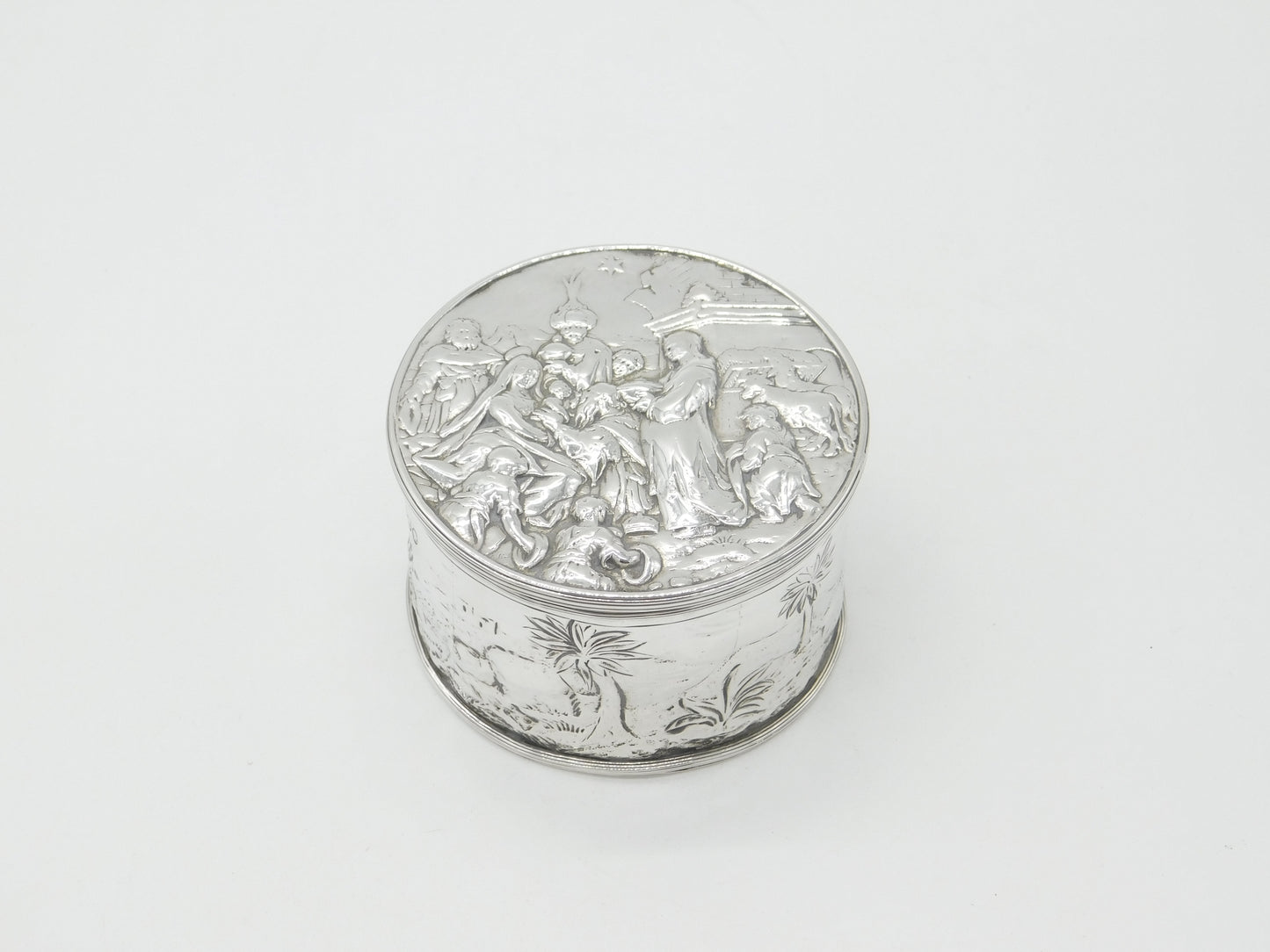 Victorian Large Sterling Silver Trinket Box with Jesus in the Manger Scene 1882