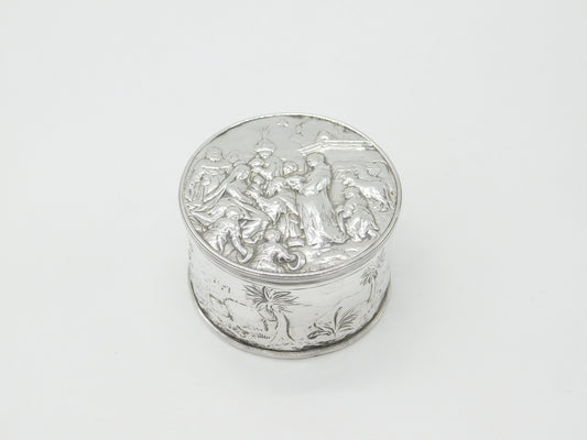 Victorian Large Sterling Silver Trinket Box with Jesus in the Manger Scene 1882