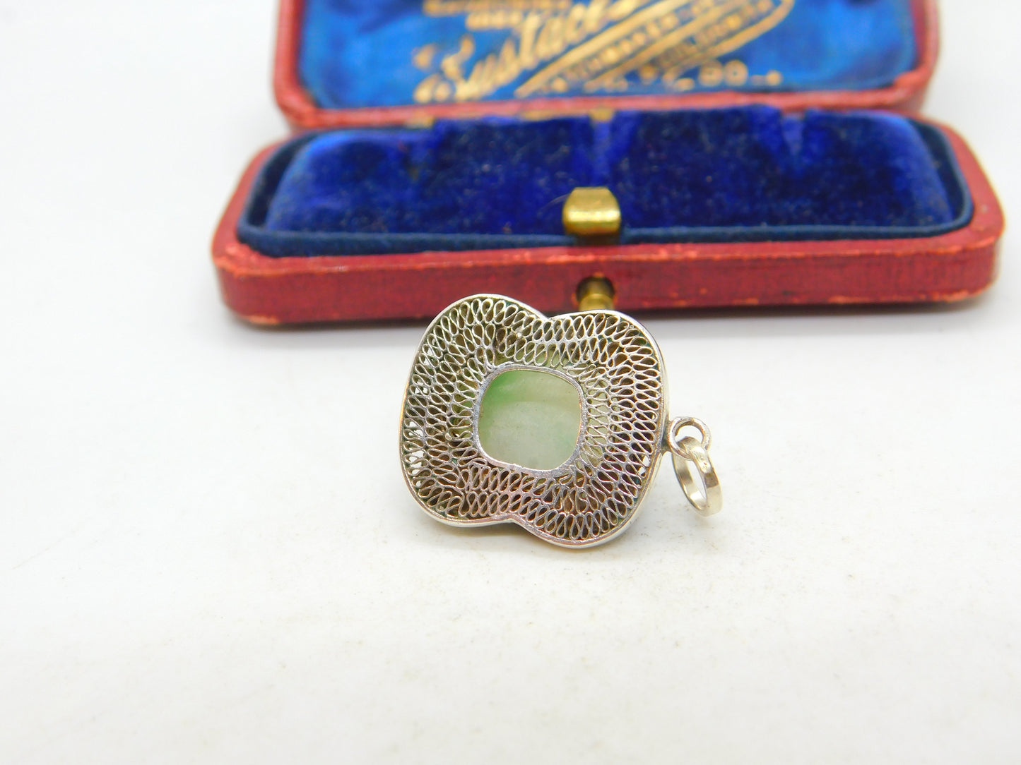 Chinese Export Mutton Fat Jade Enamel and Sterling Silver Pendant Vintage c1950