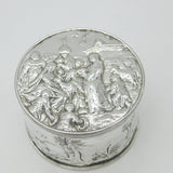 Victorian Large Sterling Silver Trinket Box with Jesus in the Manger Scene 1882