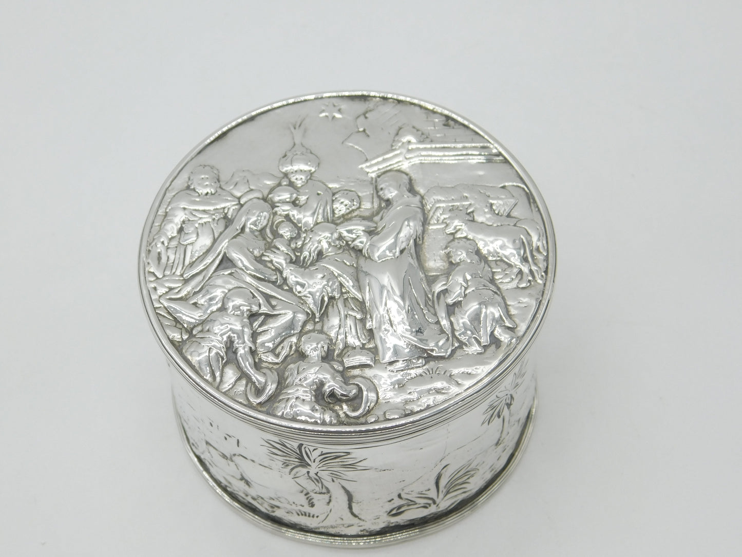 Victorian Large Sterling Silver Trinket Box with Jesus in the Manger Scene 1882