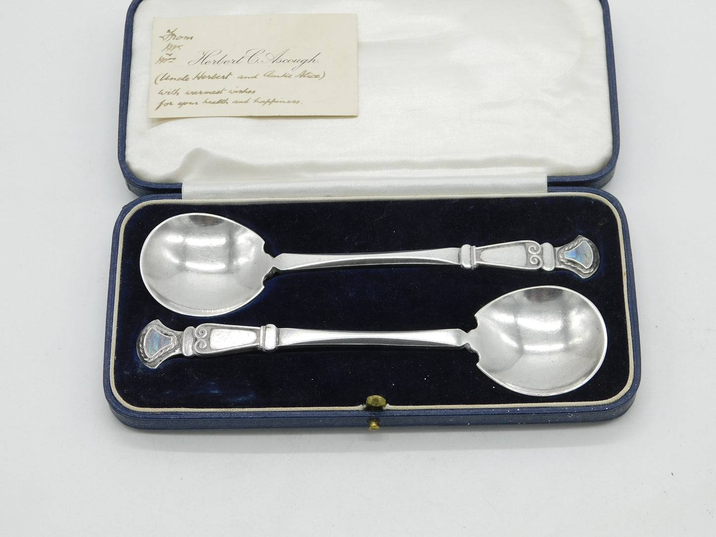 Central School of Arts & Crafts Boxed Pair of Sterling Silver Abalone Spoons 1938 London