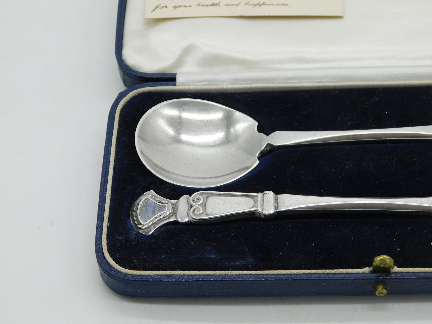 Central School of Arts & Crafts Boxed Pair of Sterling Silver Abalone Spoons 1938 London