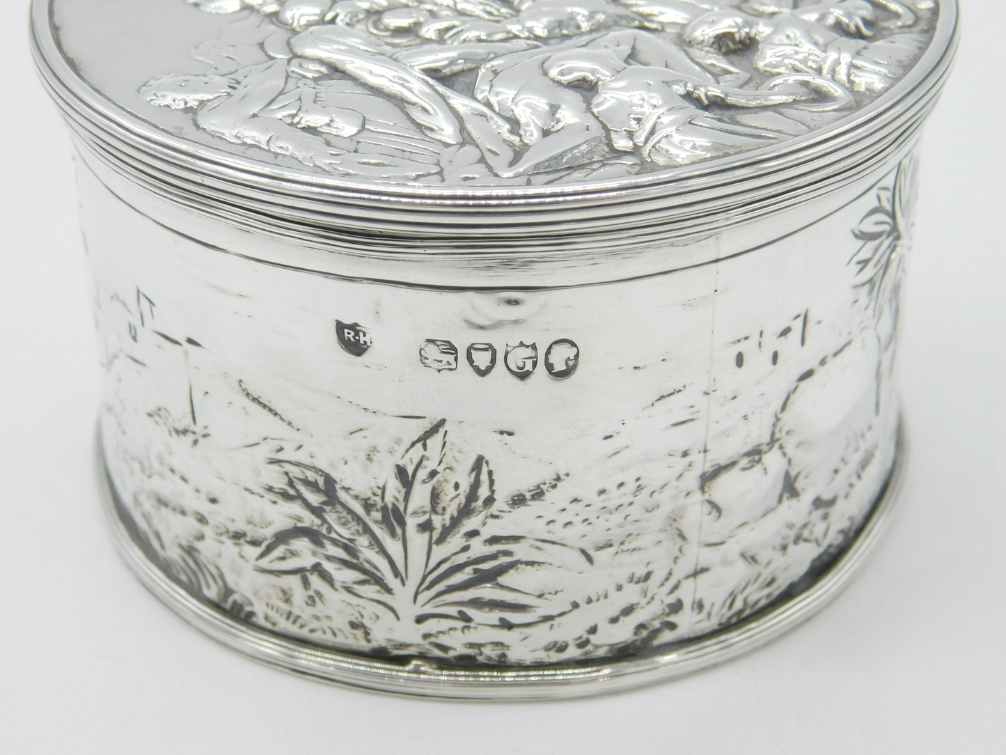 Victorian Large Sterling Silver Trinket Box with Jesus in the Manger Scene 1882