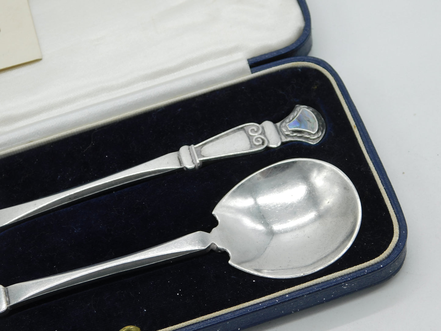 Central School of Arts & Crafts Boxed Pair of Sterling Silver Abalone Spoons 1938 London