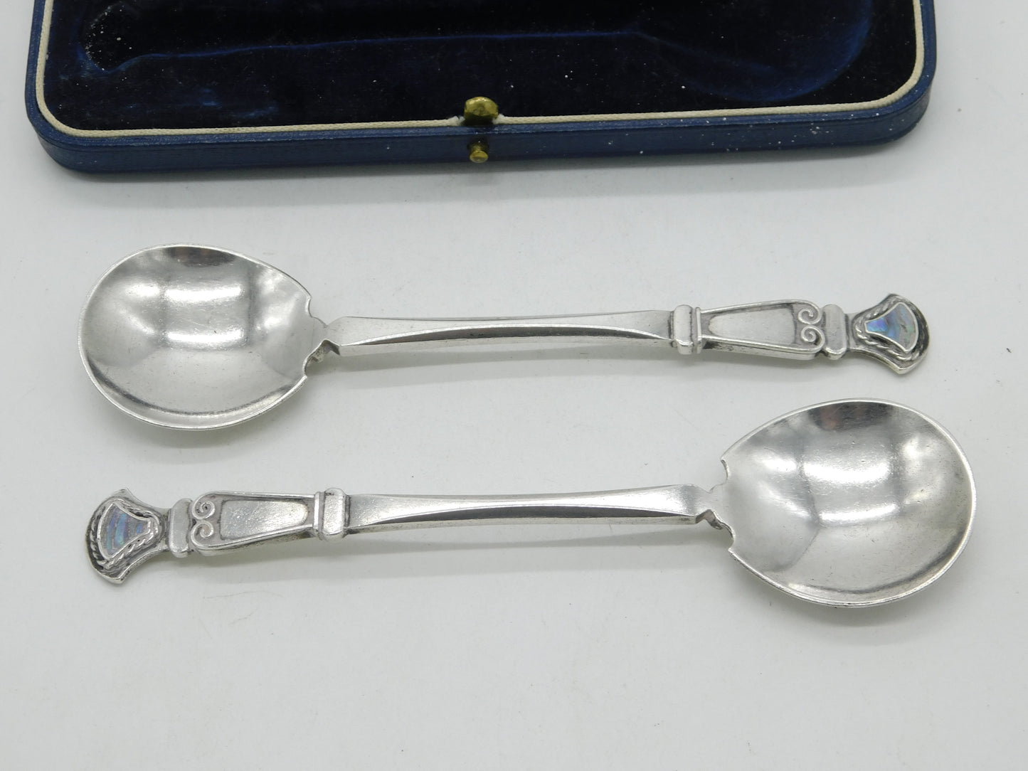 Central School of Arts & Crafts Boxed Pair of Sterling Silver Abalone Spoons 1938 London