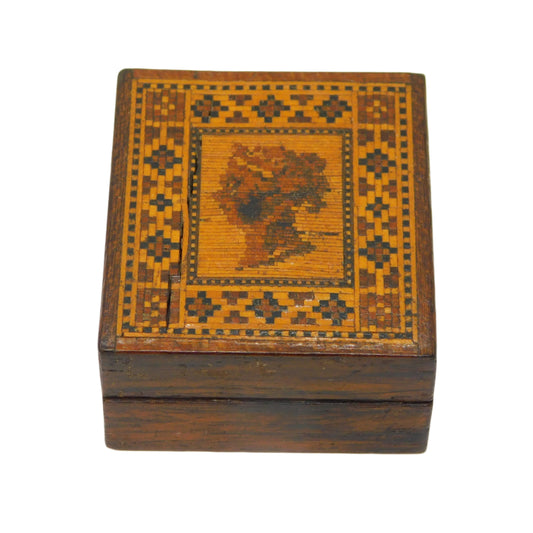 Victorian Tunbridge Ware Queen Victoria Penny Black Stamp Box Antique c1860