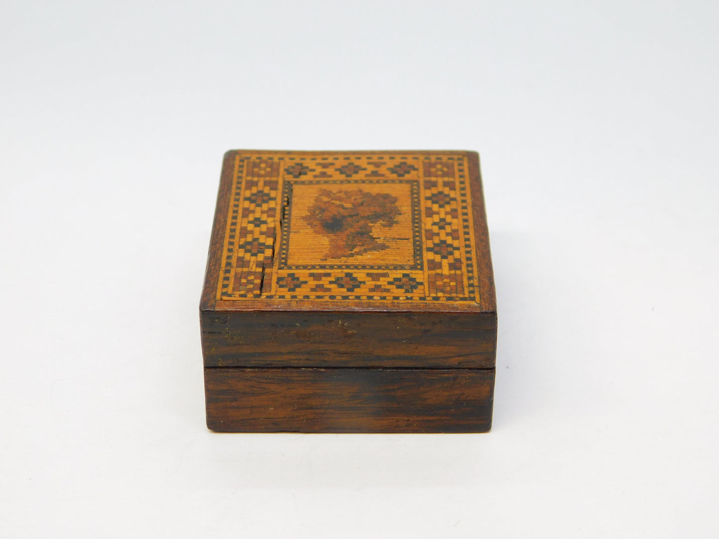 Victorian Tunbridge Ware Queen Victoria Penny Black Stamp Box Antique c1860