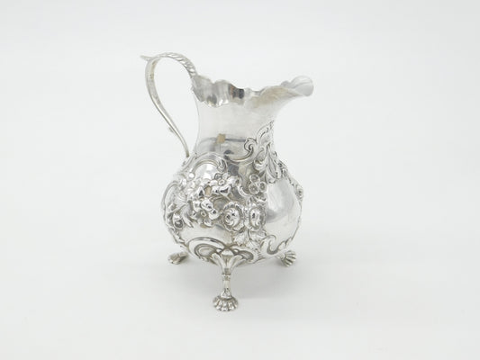 Early Victorian Sterling Silver Floral Decorated Crested Cream Jug 1843 London