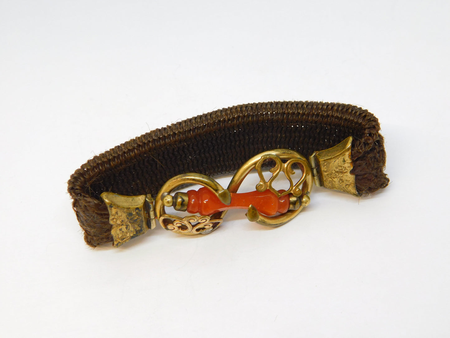 George III Woven Hair, Rolled Gold & Red Agate Mourning Bracelet Antique c1820