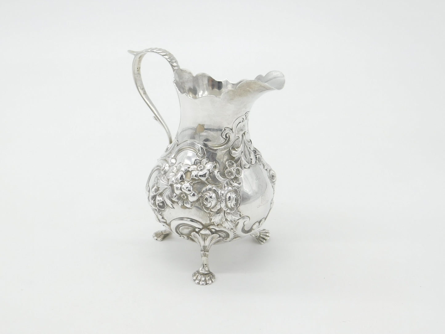 Early Victorian Sterling Silver Floral Decorated Crested Cream Jug 1843 London