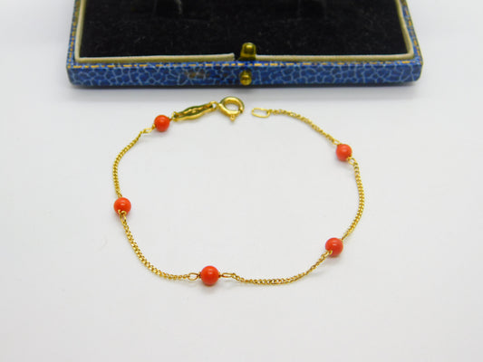 18ct Yellow Gold & Red Coral Bead Bracelet Vintage c1980 6.8" Length