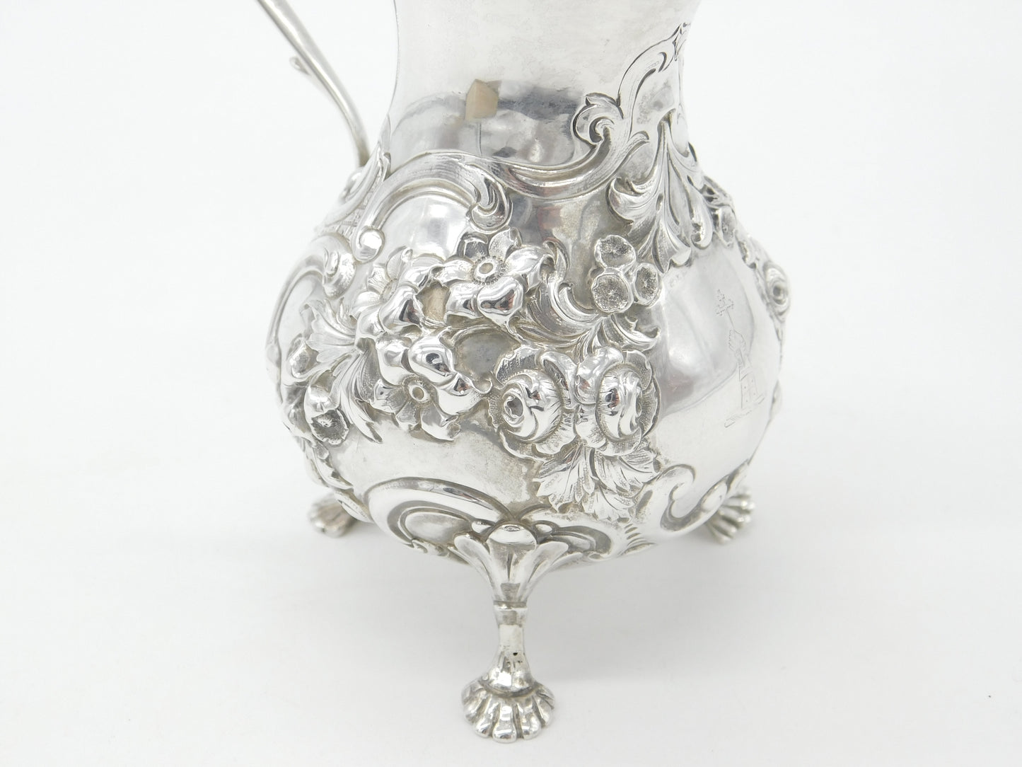 Early Victorian Sterling Silver Floral Decorated Crested Cream Jug 1843 London