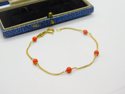 18ct Yellow Gold & Red Coral Bead Bracelet Vintage c1980 6.8" Length