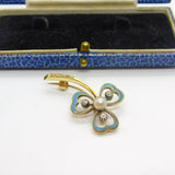 Victorian 18ct Gold, Blue Enamel, Diamond & Pearl Shamrock Brooch Antique c1890