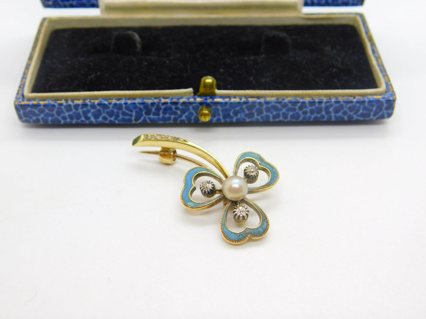 Victorian 18ct Gold, Blue Enamel, Diamond & Pearl Shamrock Brooch Antique c1890