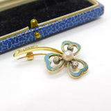 Victorian 18ct Gold, Blue Enamel, Diamond & Pearl Shamrock Brooch Antique c1890