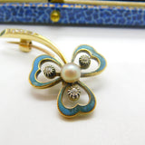Victorian 18ct Gold, Blue Enamel, Diamond & Pearl Shamrock Brooch Antique c1890